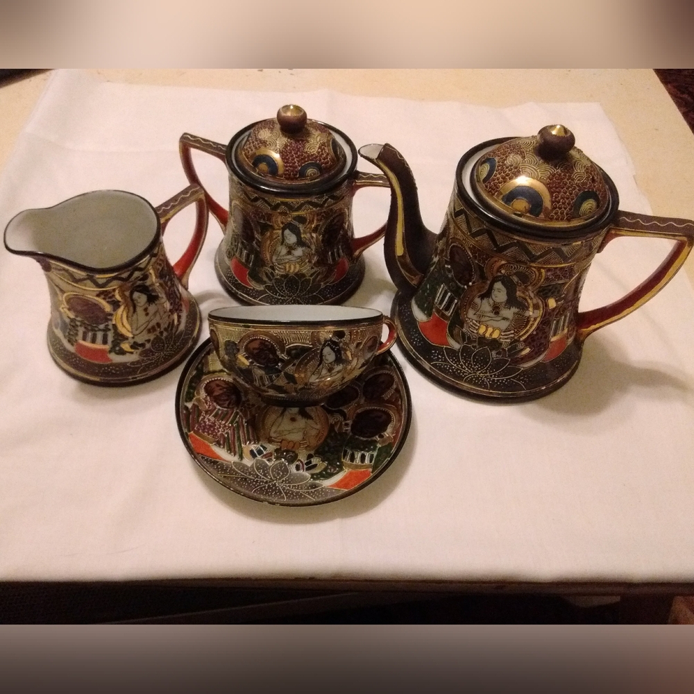 Vintage Tea Set for 6~Lithopane~Satsuma~Moriage~1920s~Geisha/Immortals~Takita Co
